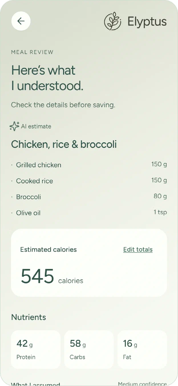 Elyptus’s review of that meal: grilled chicken, cooked rice, broccoli and olive oil, estimated at 545 calories, with 42 g protein, 58 g carbs and 16 g fat.